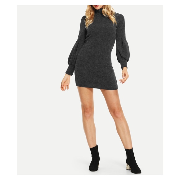Grey High Neck Bishop Sleeve Bodycon Knit Dress - Picture 4 of 5